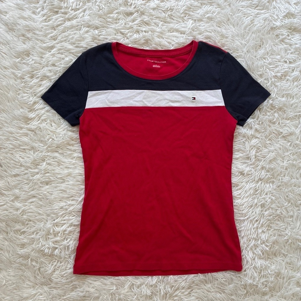 90s Y2K Retro Tommy Hilfiger 100%Cotton Colorblock T-Shirt Slim Fit Silhouette M